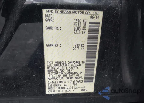 2015 Nissan Altima 2.5 S z USA, uszkodzony, nr VIN 1N4AL3AP9FC126962